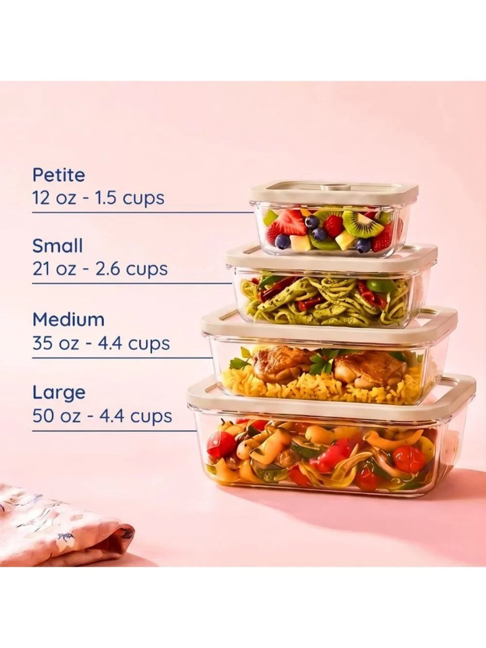 Eco-Friendly Non-Toxic Glass Food Storage Containers, 4-Pack, Multi-Size, Beige